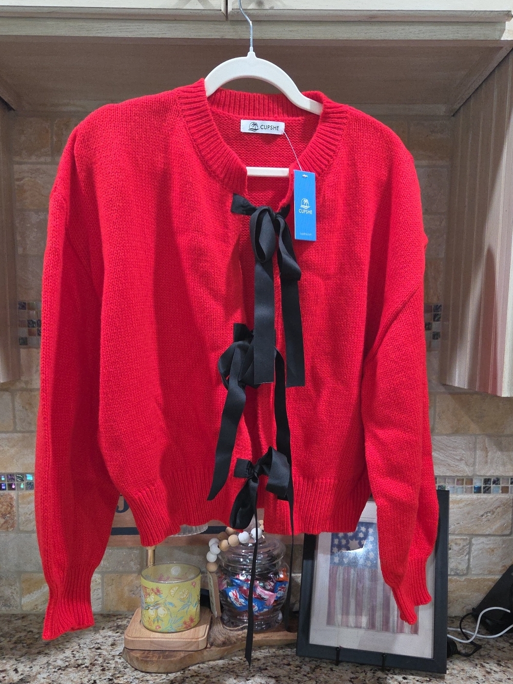 Womens Size Large Cupshe Red Knit Cardigan with Black Ribbon Ties